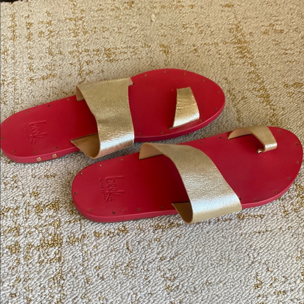 Beek Finch Gold and Red Sandals with Metallic Strap and toe ring